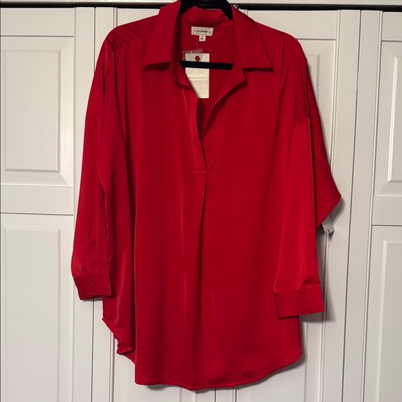 eesome Tops - Eesome Red Oversized Boxy 3/4 Sleeve Button Down Shirt